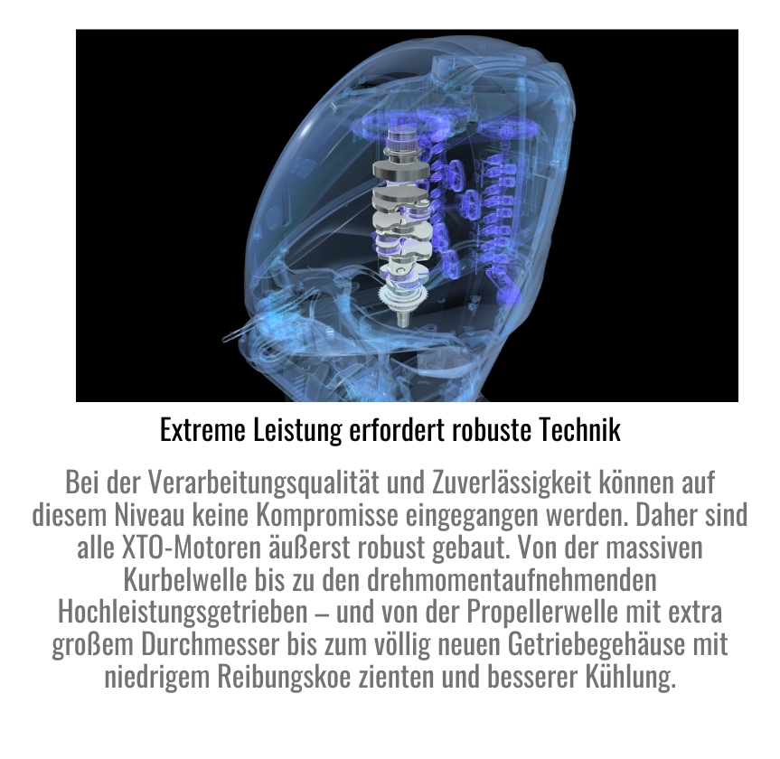 Bei der Verarbeitungsqualität und Zuverlässigkeit können auf diesem Niveau keine Kompromisse eingegangen werden. Daher sind alle XTO-Motoren äußerst robust gebaut. Von der massiven Kurbelwelle bis zu den drehmomentaufnehmenden Hochleistungsgetrieben – und von der Propellerwelle mit extra großem Durchmesser bis zum völlig neuen Getriebegehäuse mit niedrigem Reibungskoe zienten und besserer Kühlung.